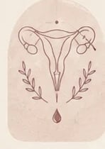 Diagrama anatómico del sistema reproductivo femenino con elementos botánicos decorativos sobre fondo beige