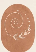 Espiral minimalista y hoja botánica sobre fondo terracota
