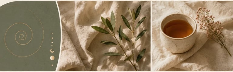 Three minimalist nature images: spiral design with dots, fresh green plant stems on fabric, and ceramic mug with tea and dried flowers